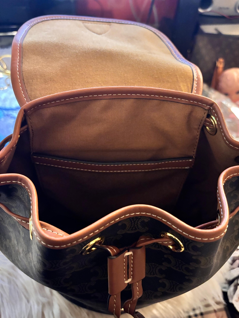 Celine Brown Leather-Trim Triomphe Canvas Backpack Like New. - Picture 6 of 6